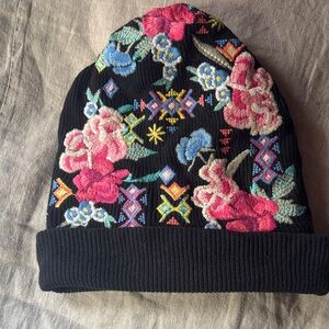 Johnny Was Black Floral Embroidered Hat